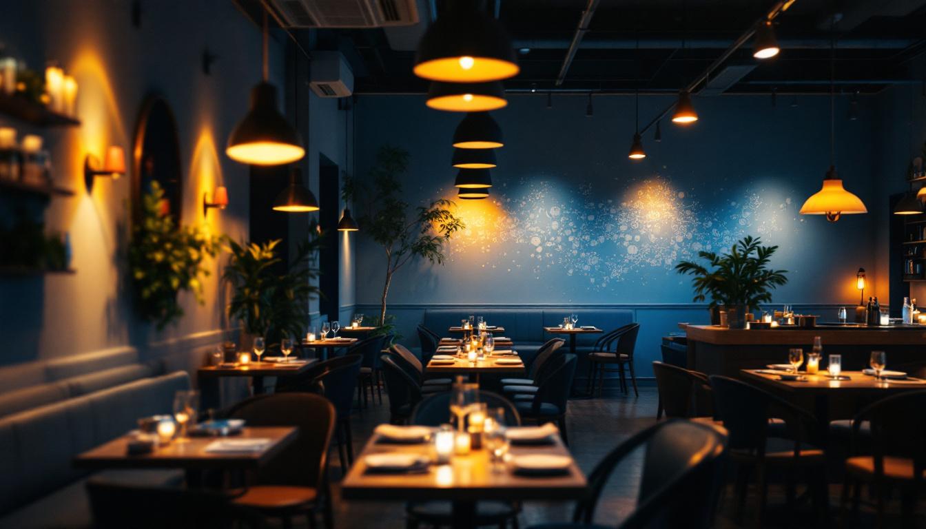 A photograph of a beautifully lit restaurant interior showcasing various lighting fixtures and their effects on the ambiance