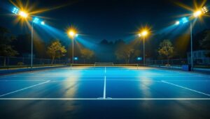 A photograph of a well-lit sports court during an evening game