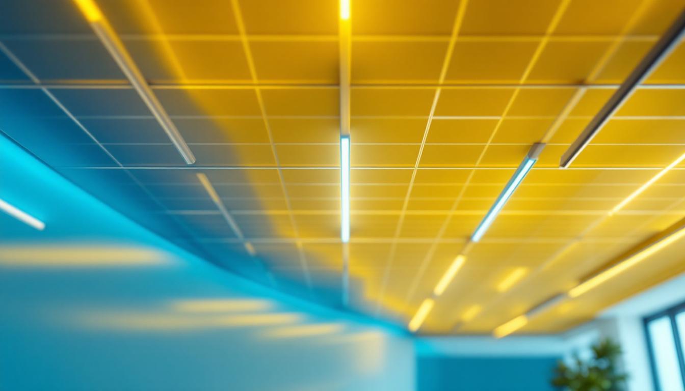 A photograph of a well-designed linear grid ceiling installation featuring modern smart lighting elements