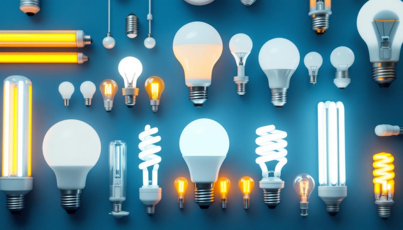 A photograph of a well-organized display of various types of fluorescent light bulbs