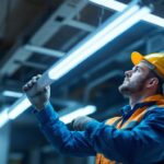 A photograph of a lighting contractor expertly installing a sleek led t8 tube in a commercial setting
