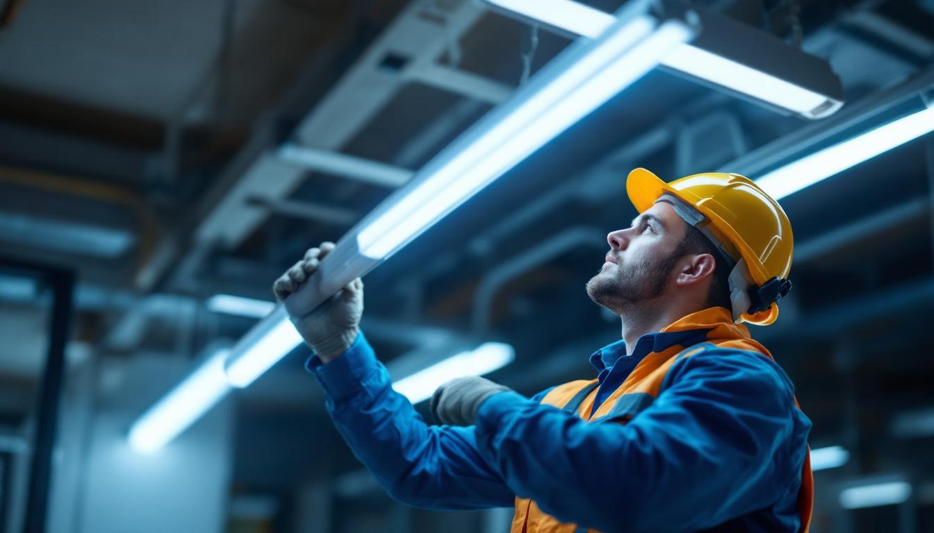 A photograph of a lighting contractor expertly installing a sleek led t8 tube in a commercial setting