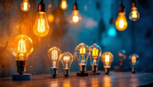 A photograph of a beautifully arranged display of vintage led light bulbs in various shapes and sizes