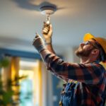 A photograph of a skilled lighting contractor installing a ceiling receptacle in a well-lit room