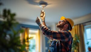 A photograph of a skilled lighting contractor installing a ceiling receptacle in a well-lit room