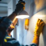 A photograph of a skilled lighting contractor installing or adjusting a modern lighting fixture in a stylish