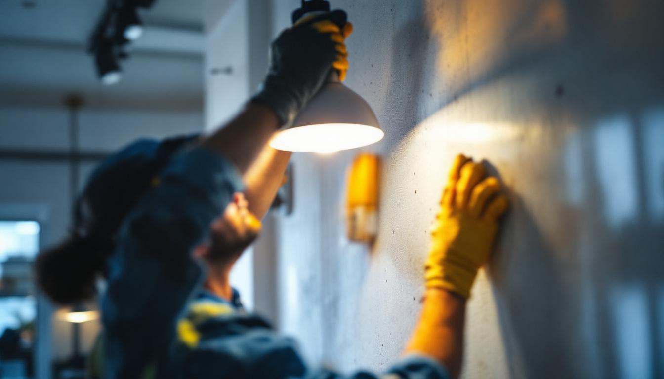 A photograph of a skilled lighting contractor installing or adjusting a modern lighting fixture in a stylish