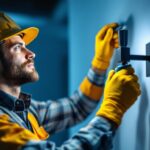 A photograph of a skilled lighting contractor installing a sleek wall light fixture with a focus on the mounting bracket