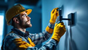 A photograph of a skilled lighting contractor installing a sleek wall light fixture with a focus on the mounting bracket