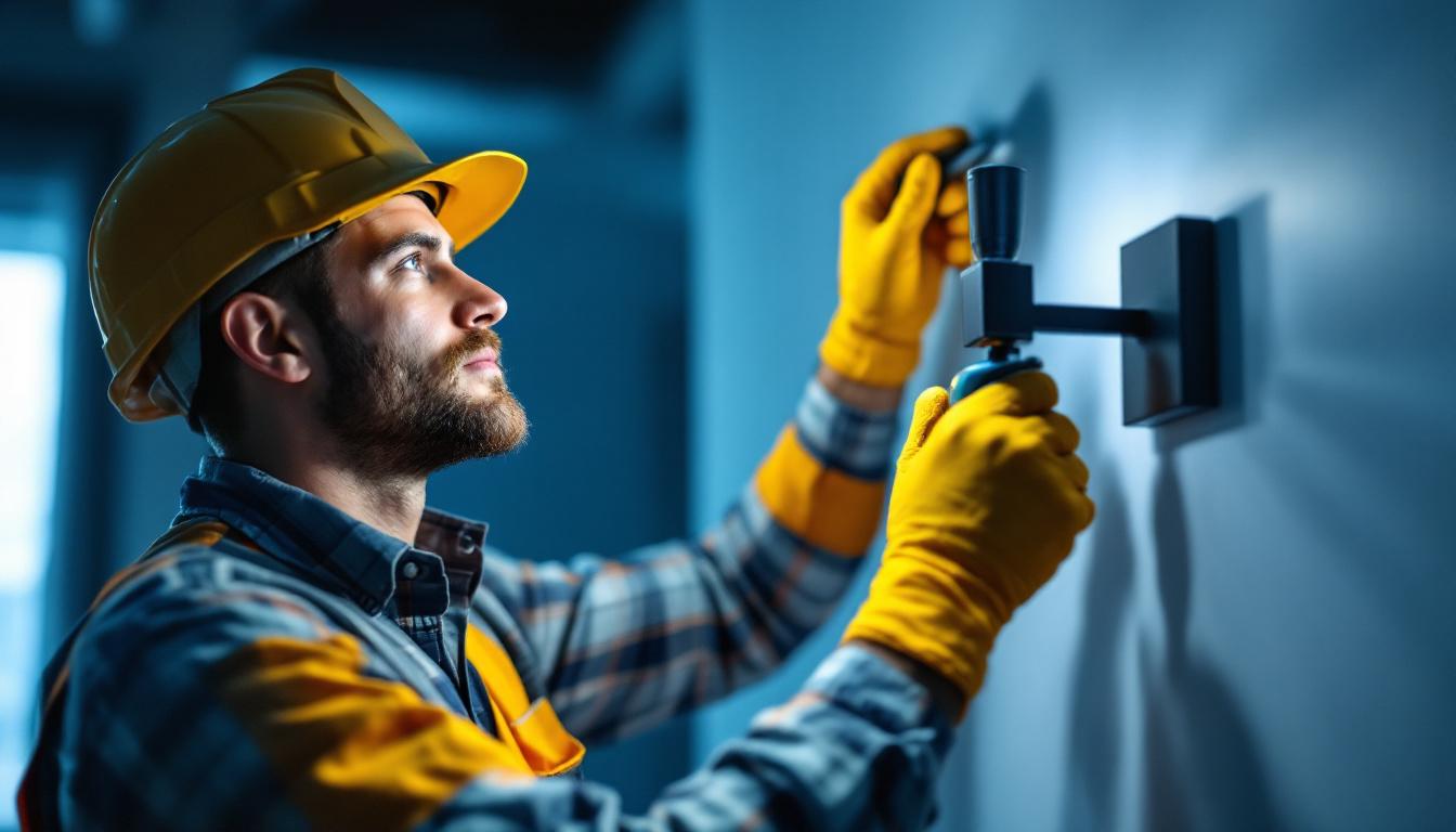 A photograph of a skilled lighting contractor installing a sleek wall light fixture with a focus on the mounting bracket