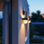 A photograph of a well-lit outdoor space featuring stylish sconce solar lights installed on a home or business facade