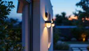 A photograph of a well-lit outdoor space featuring stylish sconce solar lights installed on a home or business facade