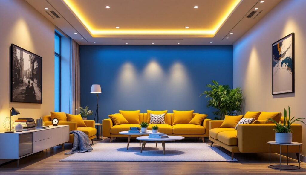 A photograph of a stylish living room featuring modern recessed ceiling lights