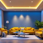 A photograph of a stylish living room featuring modern recessed ceiling lights