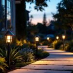 A photograph of a beautifully illuminated outdoor pathway featuring a variety of stylish and functional path lights in different designs