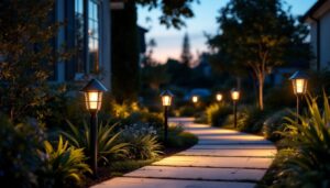 A photograph of a beautifully illuminated outdoor pathway featuring a variety of stylish and functional path lights in different designs