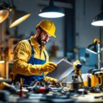 A photograph of a skilled lighting contractor at work