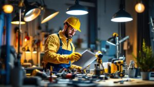 A photograph of a skilled lighting contractor at work