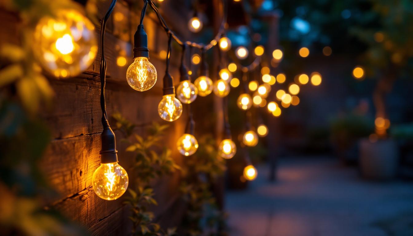 A photograph of a beautifully arranged display of vibrant 12 volt dc led string lights in a cozy outdoor setting