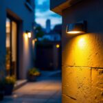A photograph of a well-lit outdoor space featuring various motion sensor lights in action