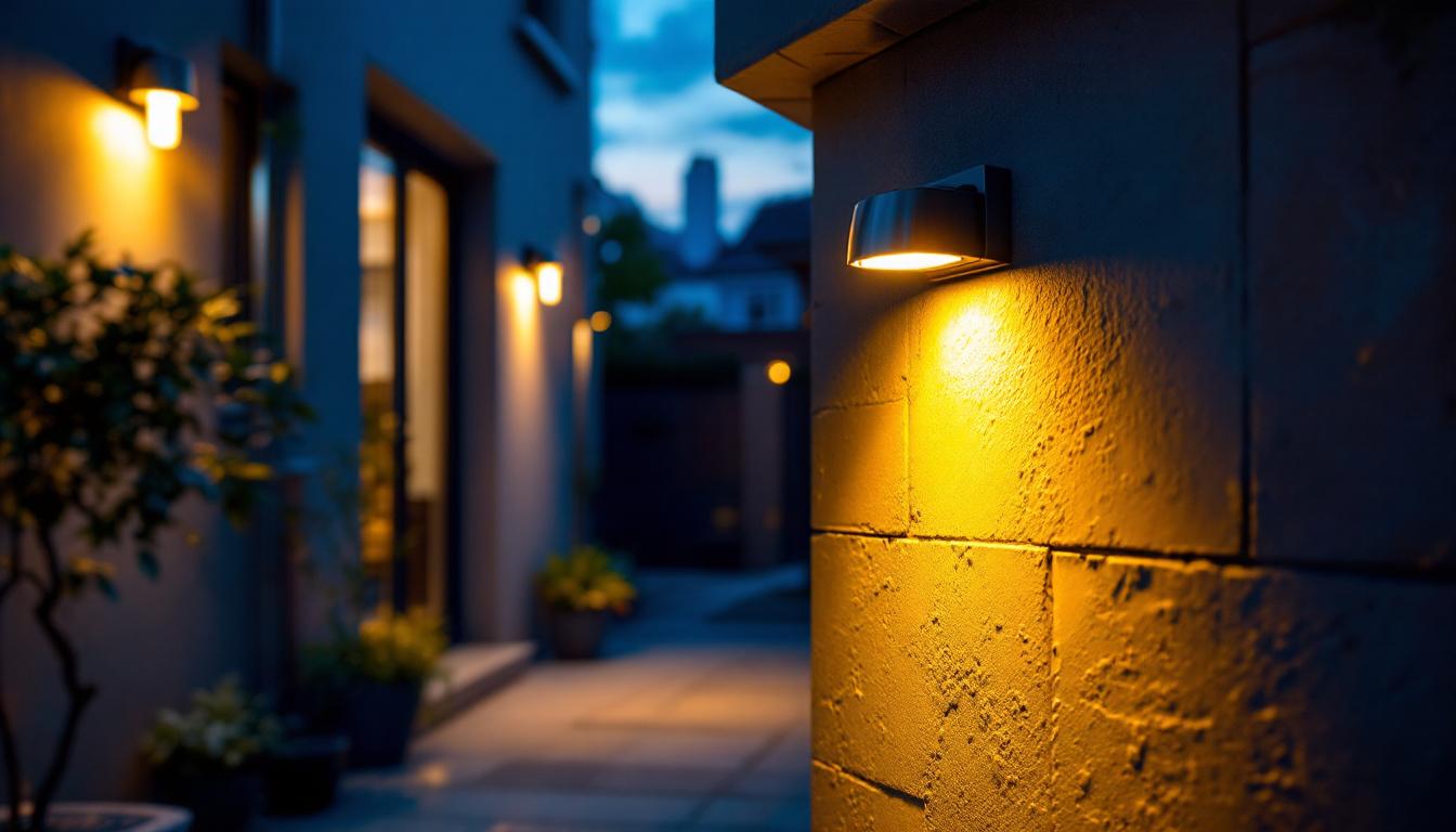 A photograph of a well-lit outdoor space featuring various motion sensor lights in action