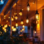A photograph of a beautifully illuminated front porch featuring a variety of hanging lights in different styles and designs