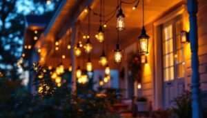 A photograph of a beautifully illuminated front porch featuring a variety of hanging lights in different styles and designs