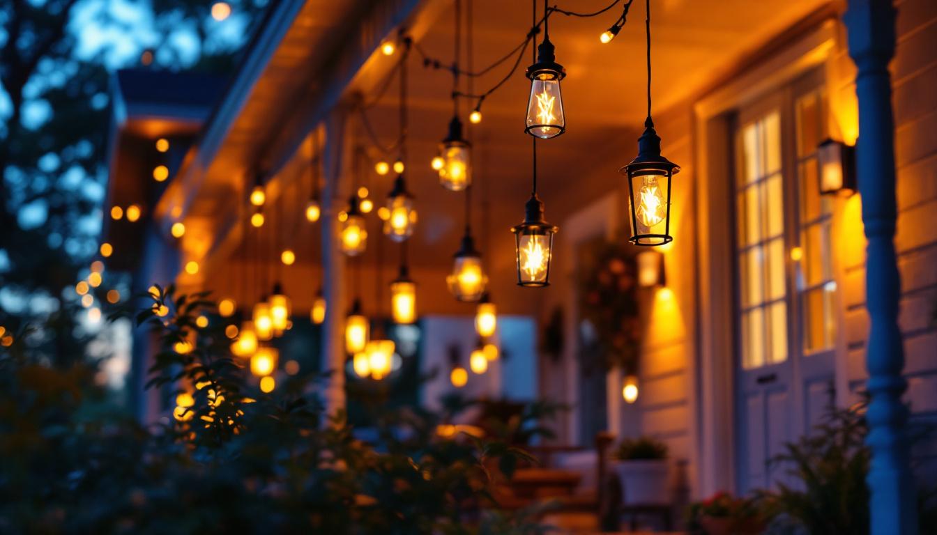 A photograph of a beautifully illuminated front porch featuring a variety of hanging lights in different styles and designs