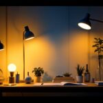 A photograph of a well-lit workspace featuring various types of energy-efficient lamps in use