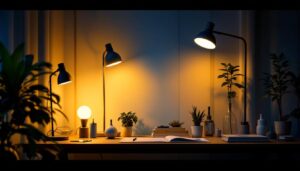 A photograph of a well-lit workspace featuring various types of energy-efficient lamps in use