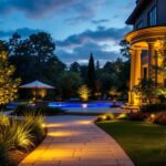 A photograph of a beautifully illuminated outdoor landscape at dusk