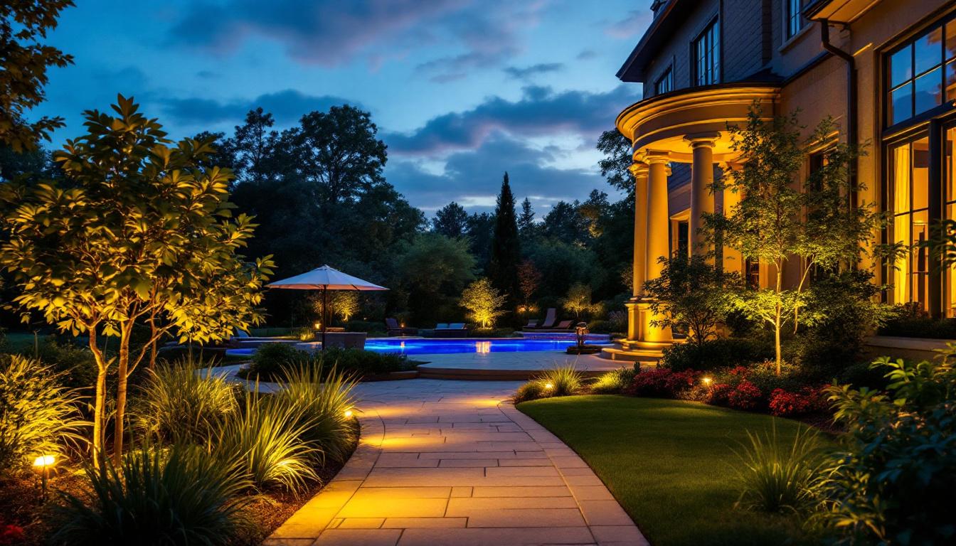 A photograph of a beautifully illuminated outdoor landscape at dusk