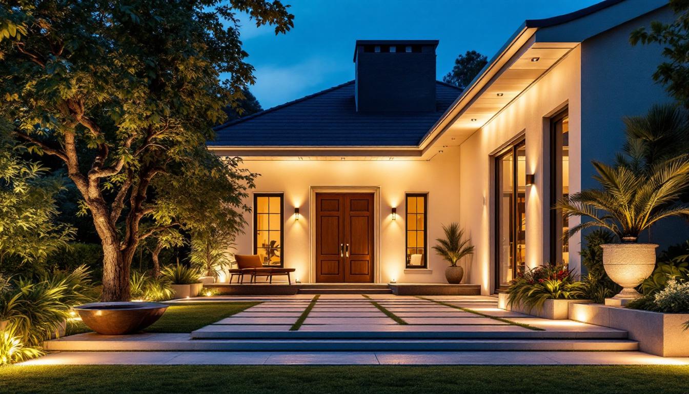 A photograph of a beautifully illuminated outdoor space featuring white house lights