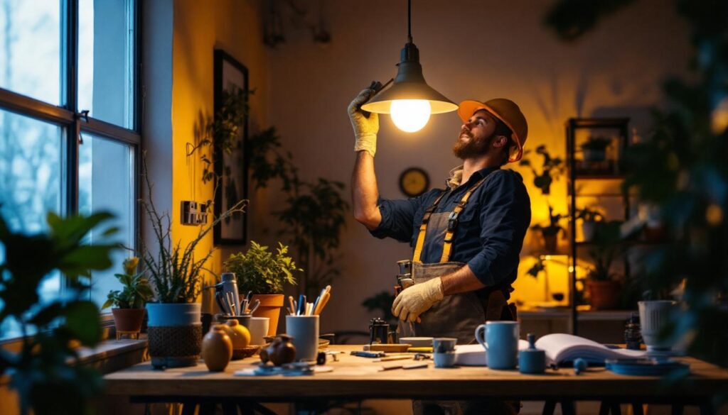 A photograph of a lighting contractor expertly installing a 500w led bulb in a modern setting