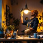 A photograph of a lighting contractor expertly installing a 500w led bulb in a modern setting