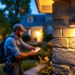 A photograph of a lighting contractor installing an outdoor motion sensor in a beautifully landscaped yard at dusk