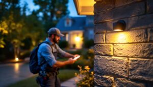 A photograph of a lighting contractor installing an outdoor motion sensor in a beautifully landscaped yard at dusk