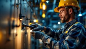 A photograph of a lighting contractor skillfully installing a lock plug in an industrial setting