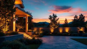 A photograph of a beautifully lit outdoor scene at sunset