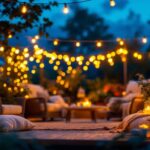 A photograph of a beautifully arranged outdoor setting illuminated by an array of stylish portfolio string lights