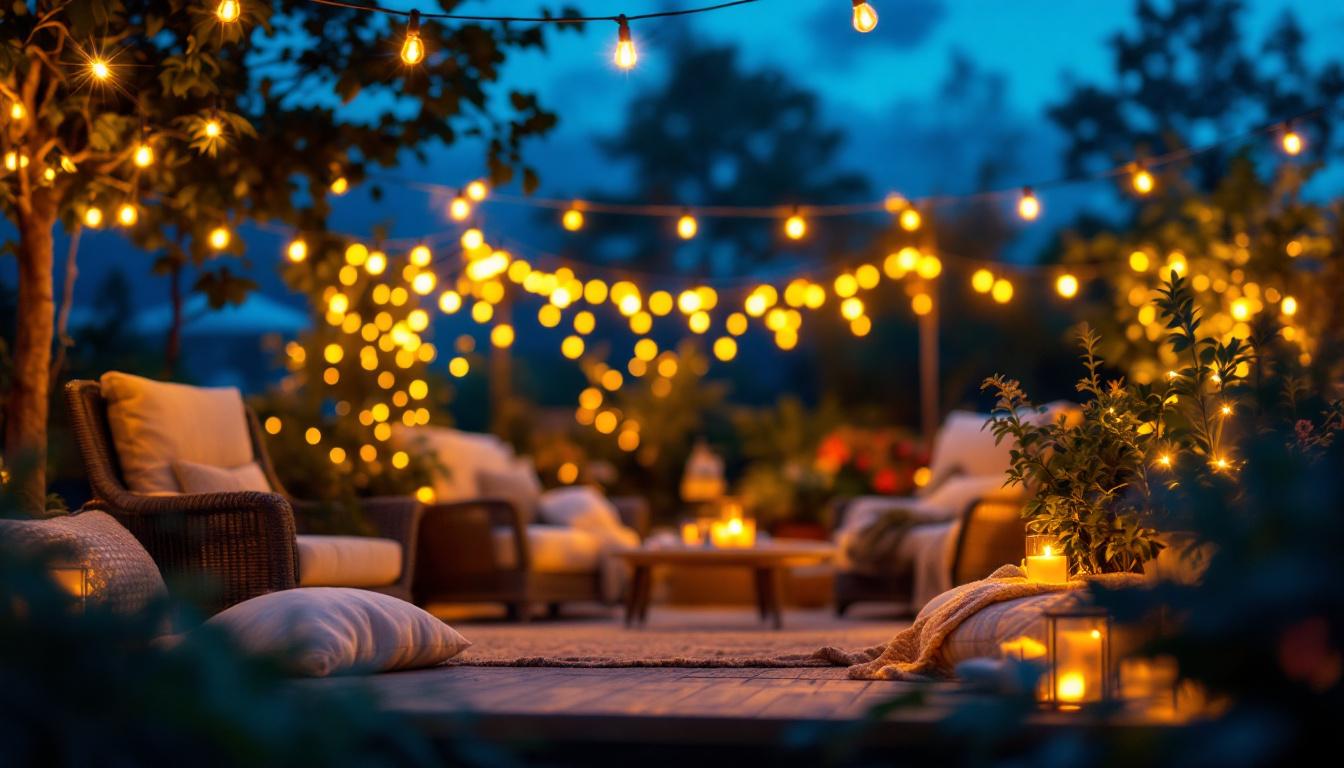 A photograph of a beautifully arranged outdoor setting illuminated by an array of stylish portfolio string lights