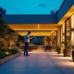 A photograph of capture a photograph of a well-lit exterior space showcasing innovative linear lighting installations