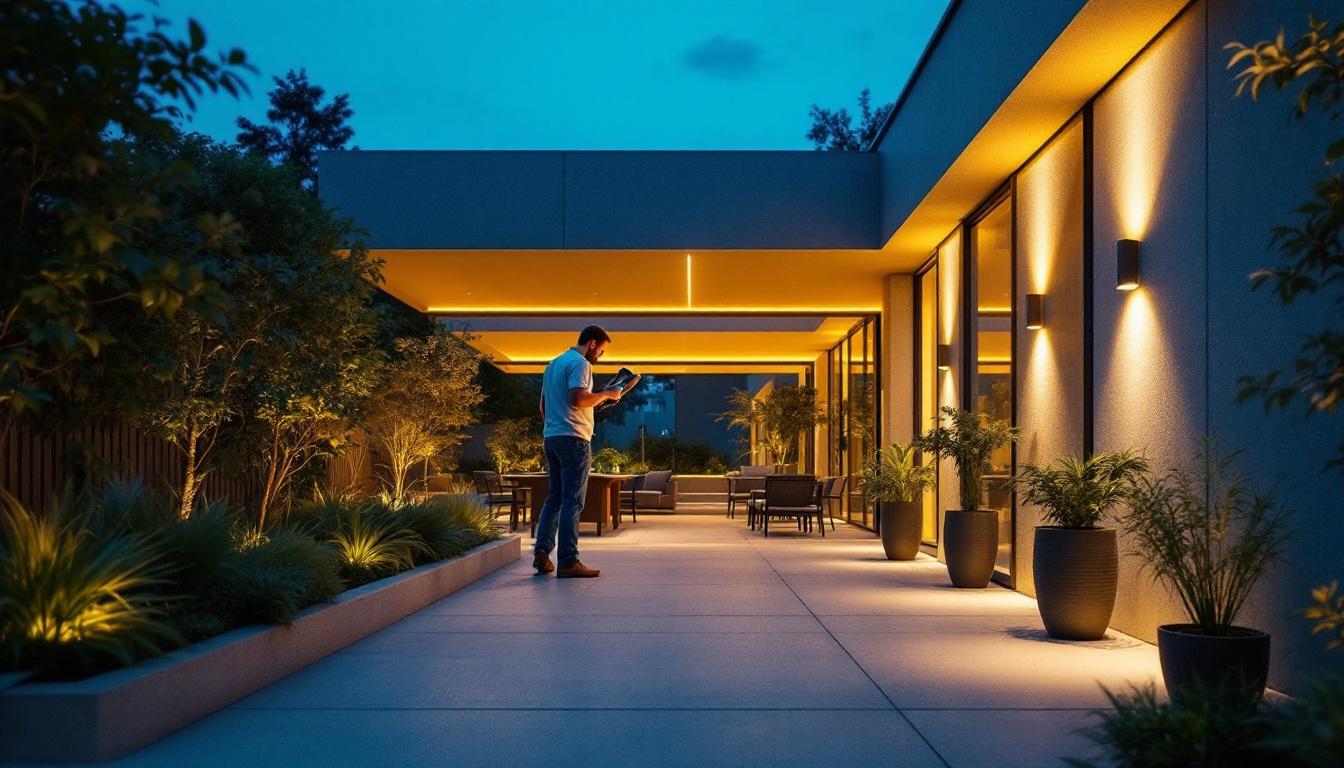 A photograph of capture a photograph of a well-lit exterior space showcasing innovative linear lighting installations