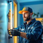 A photograph of a lighting contractor expertly installing or demonstrating a 100 ft led strip in a residential or commercial setting