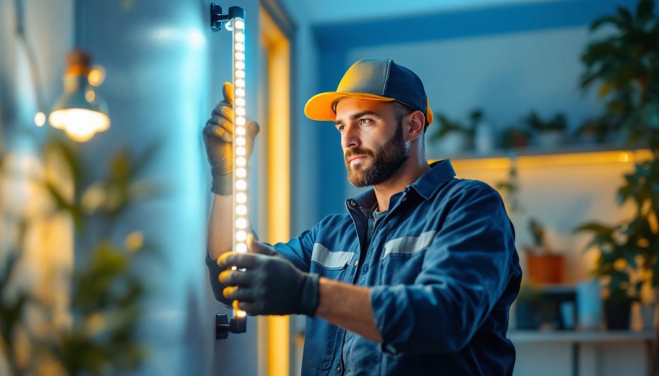 A photograph of a lighting contractor expertly installing or demonstrating a 100 ft led strip in a residential or commercial setting