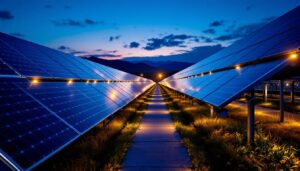 A photograph of a well-lit solar farm at dusk