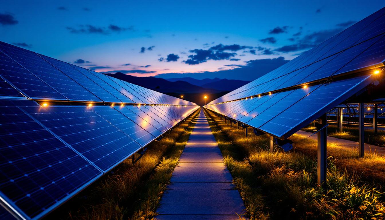 A photograph of a well-lit solar farm at dusk