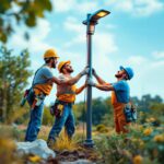 A photograph of a team of workers collaboratively installing a post light pole in a landscaped outdoor setting