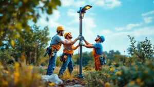 A photograph of a team of workers collaboratively installing a post light pole in a landscaped outdoor setting