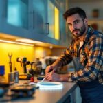 A photograph of a skilled lighting contractor installing under cabinet led strip lighting in a modern kitchen